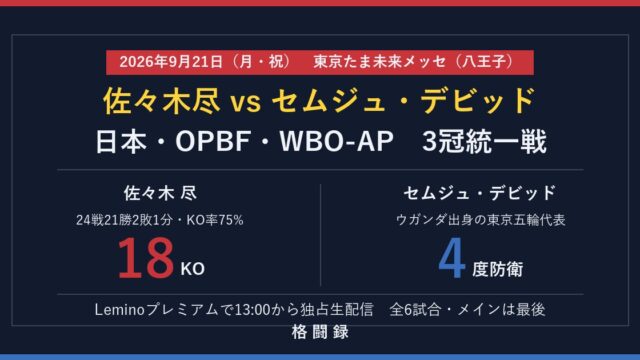 2026年9月21日に東京たま未来メッセで行われる佐々木尽 vs セムジュ・デビッドの3冠統一戦を伝えるアイキャッチ画像