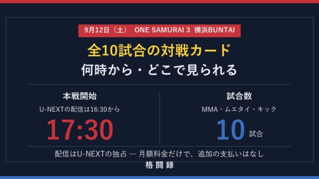 ONE SAMURAI 3 の全対戦カードと開始時刻をまとめたアイキャッチ画像