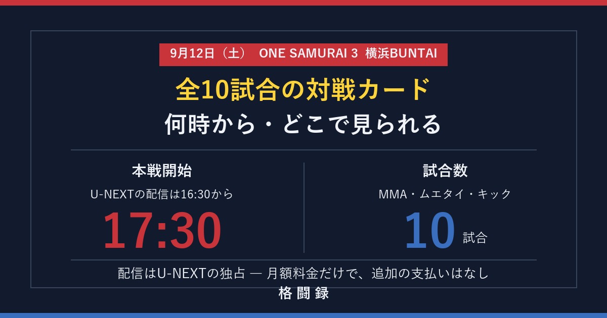 ONE SAMURAI 3 の全対戦カードと開始時刻をまとめたアイキャッチ画像