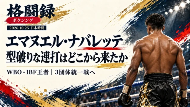 エマヌエル・ナバレッテを参考にした、タオルなしでリングに立つボクサーの後ろ姿