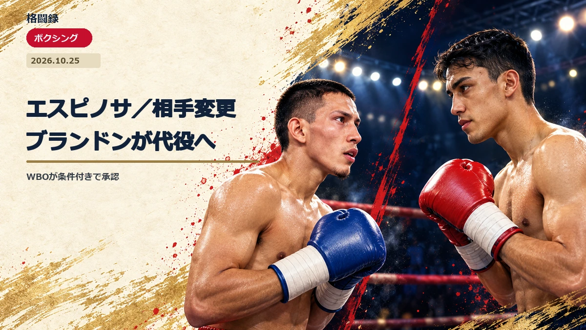 WBO王者ラファエル・エスピノサと挑戦者リカルド・ブランドンを本人に似せて描いた、挑戦者変更の記事アイキャッチ