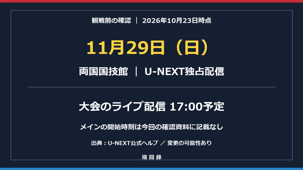 11月29日両国国技館。U-NEXTの大会ライブ配信は17時予定。メインの開始時刻は確認資料に記載なし。