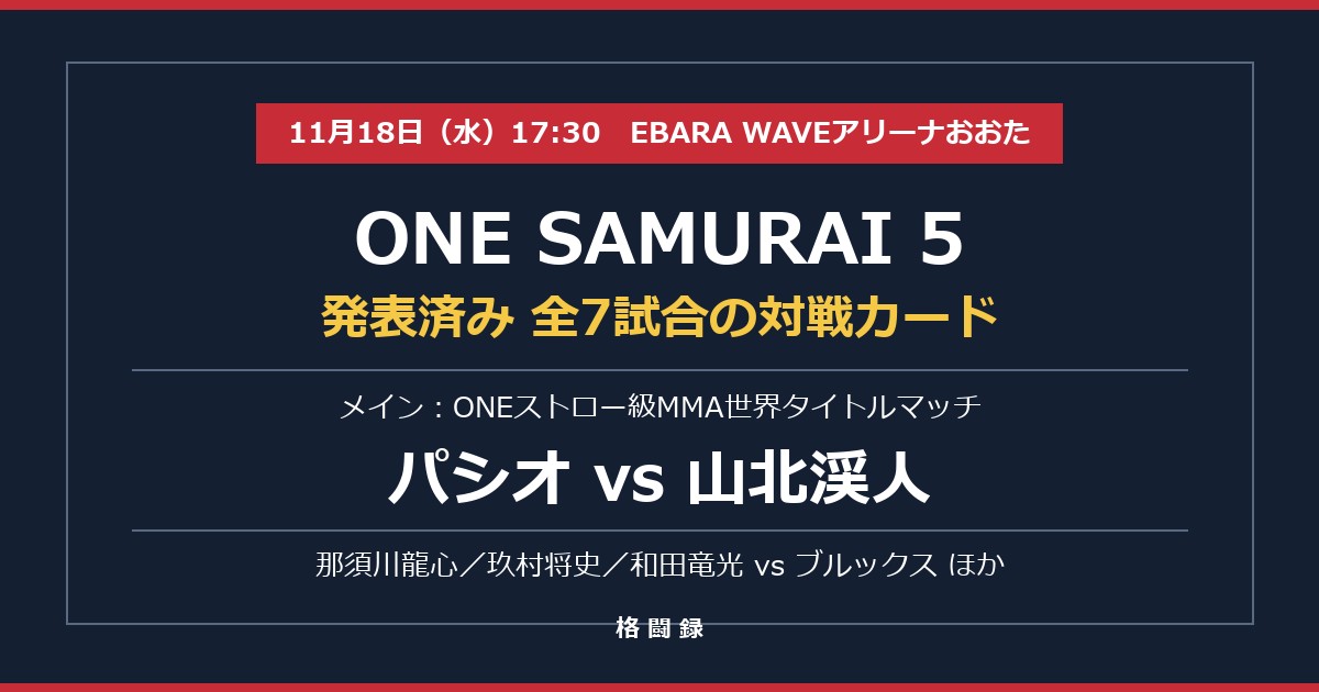 ONE SAMURAI 5 発表済み全7試合の対戦カード メインはパシオ vs 山北渓人